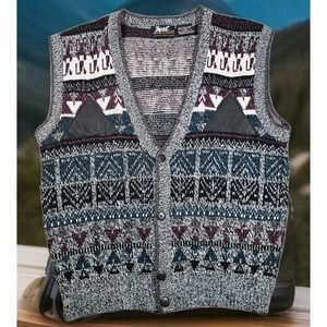 Vintage Impact Cardigan Vest Men's Multicolored Large L With Leather Trim‎